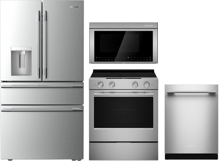 4 Piece Kitchen Appliances Package with French Door Refrigerator, Dishwasher, Electric Range and Over the Range Microwave in Fingerprint Resistant Sta