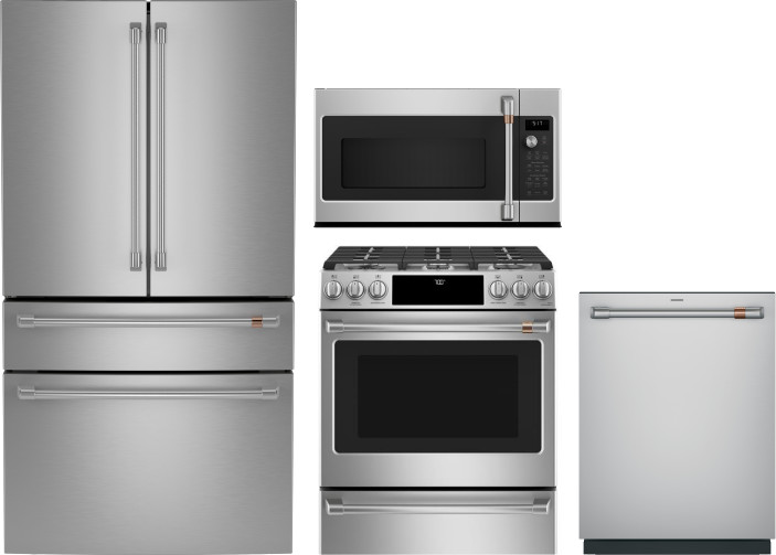 4 Piece Kitchen Appliances Package with French Door Refrigerator, Dishwasher, Over the Range Microwave and Gas Range in Stainless Steel CAFREFDISCT994