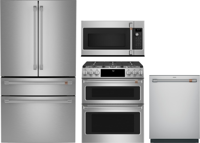 4 Piece Kitchen Appliances Package with French Door Refrigerator, Dishwasher, Over the Range Microwave and Gas Range in Stainless Steel CAFREFDISCT998