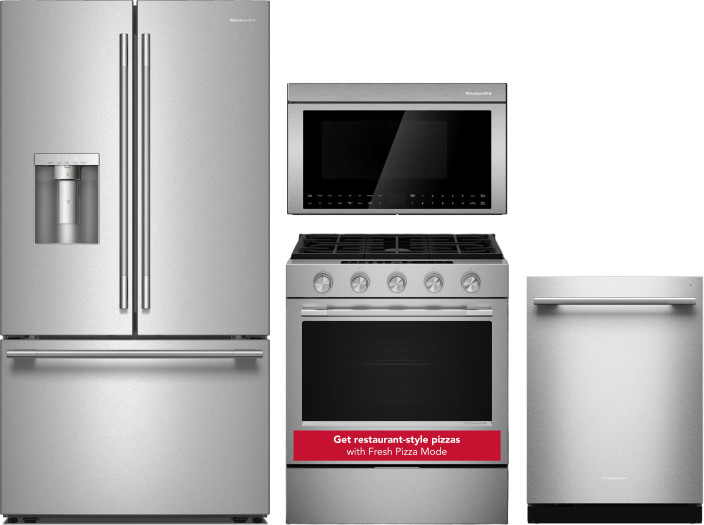 KitchenAid 4 Piece Kitchen Appliances Package with French Door Refrigerator, Dishwasher, Gas Range and Over the Range Microwave in Fingerprint Resista