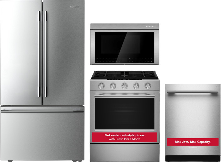 KitchenAid 4 Piece Kitchen Appliances Package with French Door Refrigerator, Dishwasher, Gas Range and Over the Range Microwave in Fingerprint Resista