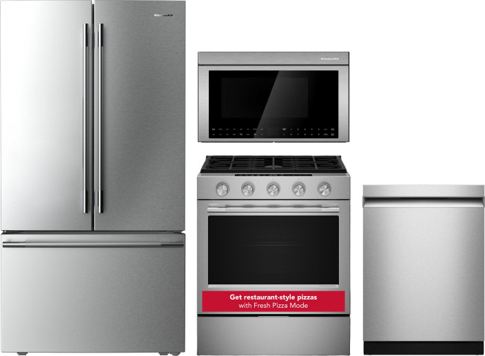 KitchenAid 4 Piece Kitchen Appliances Package with French Door Refrigerator, Dishwasher, Gas Range and Over the Range Microwave in Fingerprint Resista