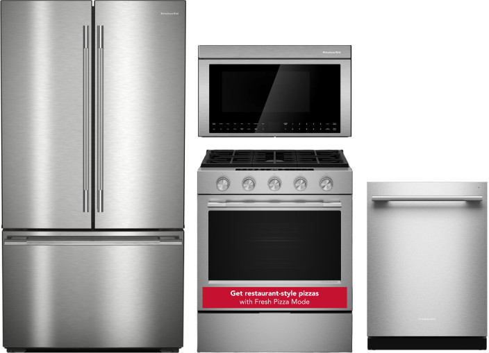 KitchenAid 4 Piece Kitchen Appliances Package with French Door Refrigerator, Dishwasher, Gas Range and Over the Range Microwave in Fingerprint Resista