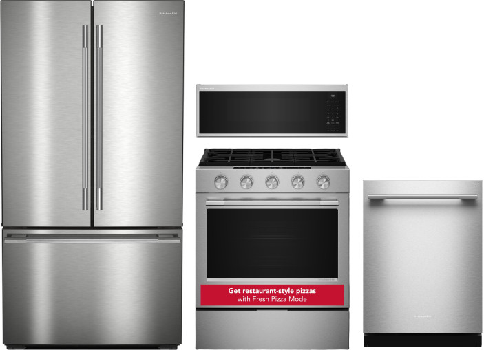 4 Piece Kitchen Appliances Package with French Door Refrigerator, Dishwasher, Gas Range and Over the Range Microwave in Fingerprint Resistant Stainles