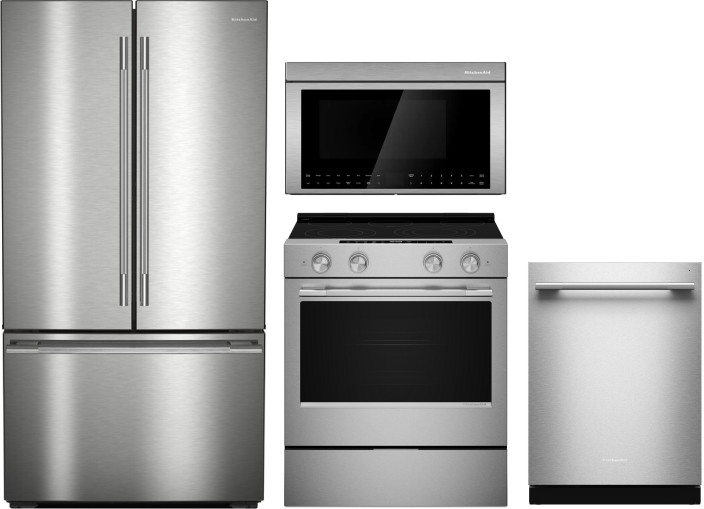 4 Piece Kitchen Appliances Package with French Door Refrigerator, Dishwasher, Electric Range and Over the Range Microwave in Fingerprint Resistant Sta