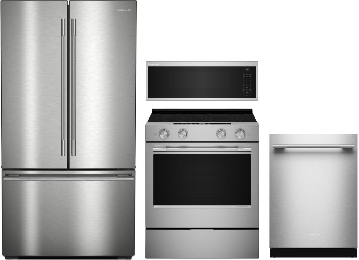 4 Piece Kitchen Appliances Package with French Door Refrigerator, Dishwasher, Electric Range and Over the Range Microwave in Fingerprint Resistant Sta
