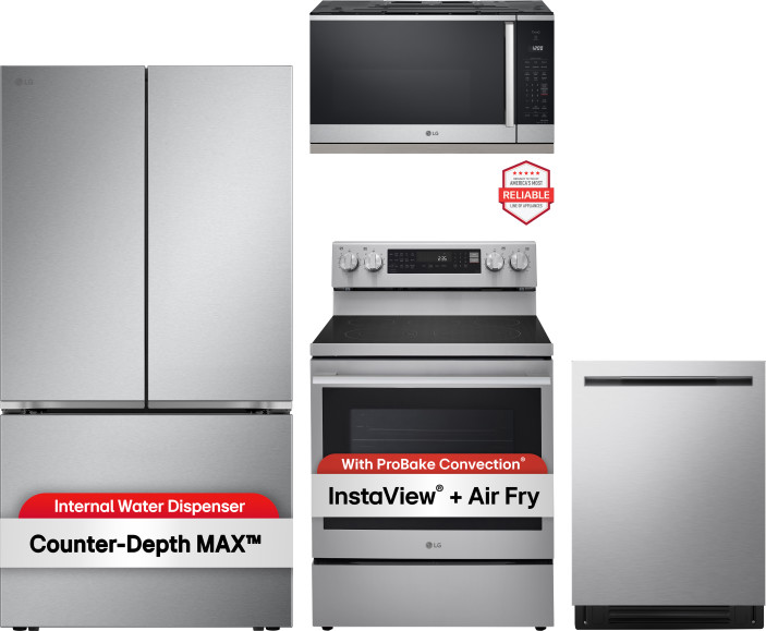4 Piece Kitchen Appliances Package with French Door Refrigerator, Electric Range, Over the Range Microwave and Dishwasher in Stainless Steel LGREFRADI