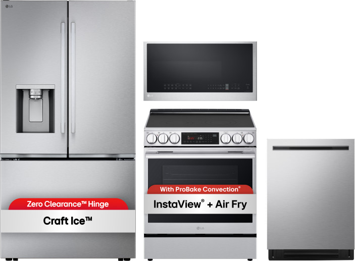 4 Piece Kitchen Appliances Package with French Door Refrigerator, Electric Range, Over the Range Microwave and Dishwasher in Stainless Steel LGREFRADI