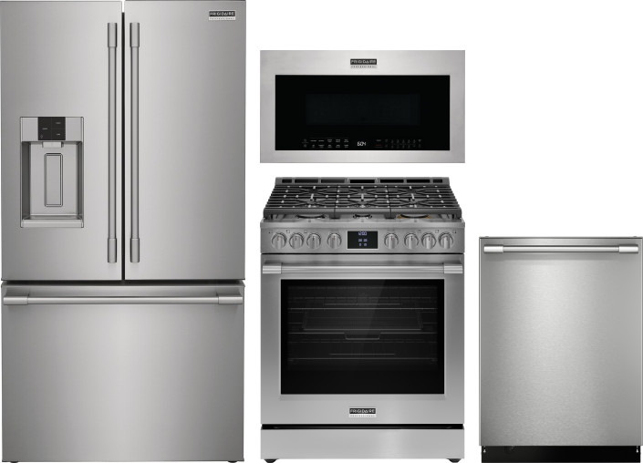 4 Piece Kitchen Appliances Package with French Door Refrigerator, Gas Range, Over the Range Microwave and Dishwasher in Stainless Steel FRIPRORAMW042