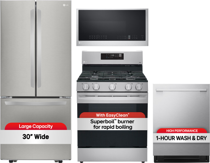 LG Kitchen Appliances Package with French Door Refrigerator, Gas Range, Dishwasher and Over the Range Microwave in Stainless Steel LGRERADWMW21495