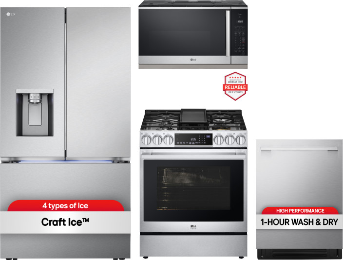LG Kitchen Appliances Package with French Door Refrigerator, Dual Fuel Range, Dishwasher and Over the Range Microwave in Stainless Steel LGRERADWMW215