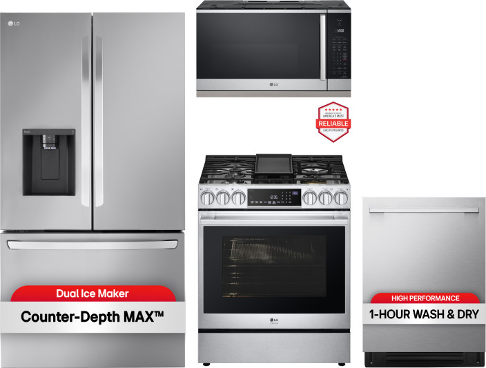 LG Kitchen Appliances Package with French Door Refrigerator, Dual Fuel Range, Dishwasher and Over the Range Microwave in Stainless Steel LGRERADWMW215
