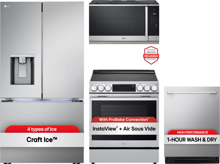 LG Kitchen Appliances Package with French Door Refrigerator, Induction Range, Dishwasher and Over the Range Microwave in Stainless Steel LGRERADWMW215