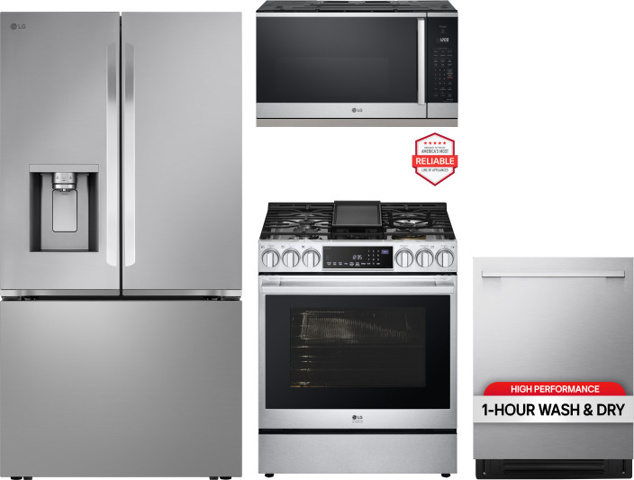 LG Kitchen Appliances Package with French Door Refrigerator, Dual Fuel Range, Dishwasher and Over the Range Microwave in Stainless Steel LGRERADWMW215