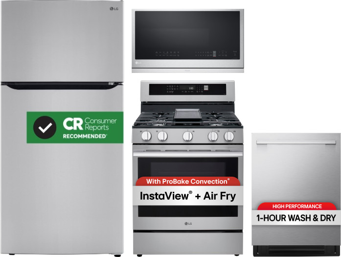 LG Kitchen Appliances Package with Top Freezer Refrigerator, Gas Range, Dishwasher and Over the Range Microwave in Stainless Steel LGRERADWMW21519