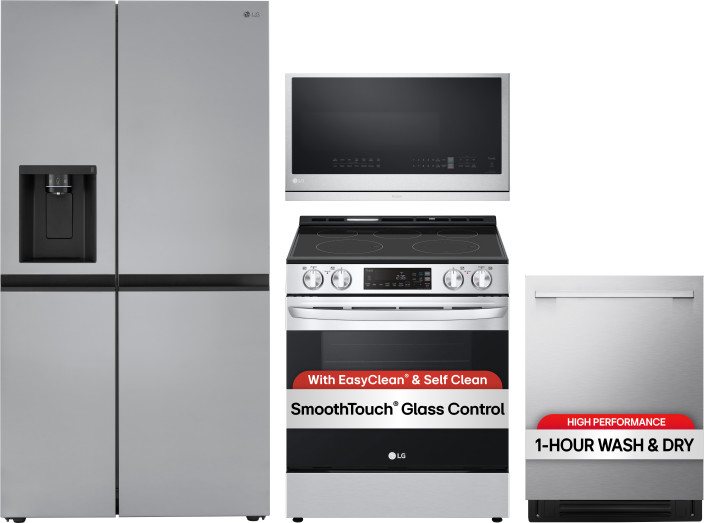 LG Kitchen Appliances Package with Side-by-Side Refrigerator, Electric Range, Dishwasher and Over the Range Microwave in Stainless Steel LGRERADWMW215