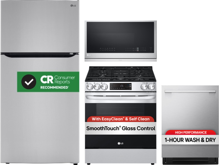 LG 4 Piece Kitchen Appliances Package with Top Freezer Refrigerator, Gas Range, Dishwasher and Over the Range Microwave in Stainless Steel LGRERADWMW2