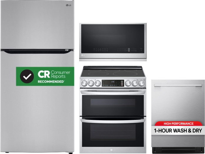 LG 4 Piece Kitchen Appliances Package with Top Freezer Refrigerator, Electric Range, Dishwasher and Over the Range Microwave in Stainless Steel LGRERA