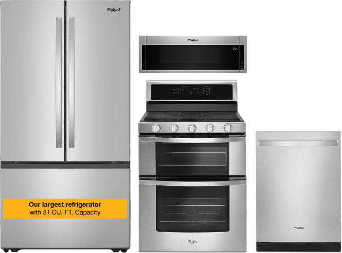 Whirlpool Kitchen Appliances Package with French Door Refrigerator, Gas Range, Dishwasher and Over the Range Microwave in Fingerprint Resistant Stainl