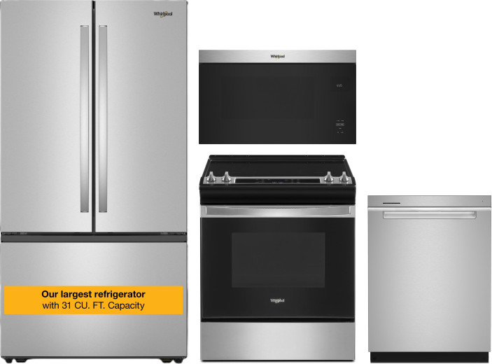 Whirlpool 4 Piece Kitchen Appliances Package with French Door Refrigerator, Electric Range, Dishwasher and Over the Range Microwave in Fingerprint Res