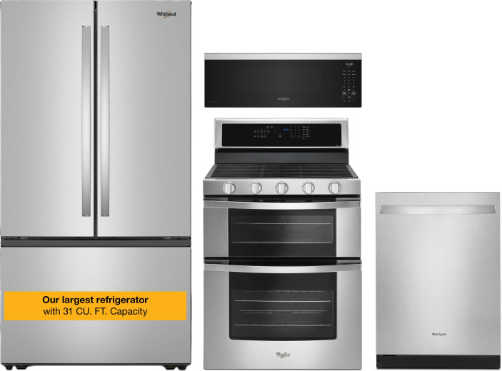Whirlpool 4 Piece Kitchen Appliances Package with French Door Refrigerator, Gas Range, Dishwasher and Over the Range Microwave in Fingerprint Resistan