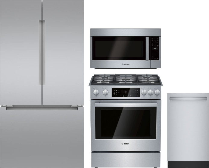 Bosch 4 Piece Kitchen Appliances Package with French Door Refrigerator, Gas Range, Dishwasher and Over the Range Microwave in Stainless Steel BORERADW
