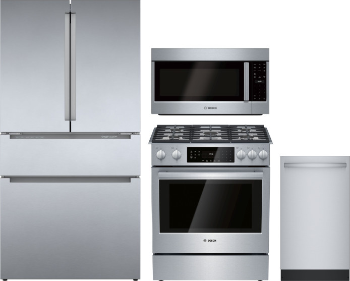 Bosch 4 Piece Kitchen Appliances Package with French Door Refrigerator, Gas Range, Dishwasher and Over the Range Microwave in Stainless Steel BORERADW