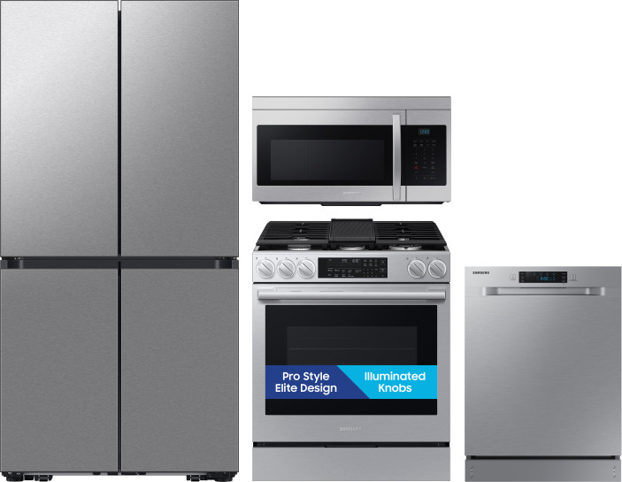 Samsung 4 Piece Kitchen Appliances Package with French Door Refrigerator, Gas Range, Dishwasher and Over the Range Microwave in Stainless Steel SARERA