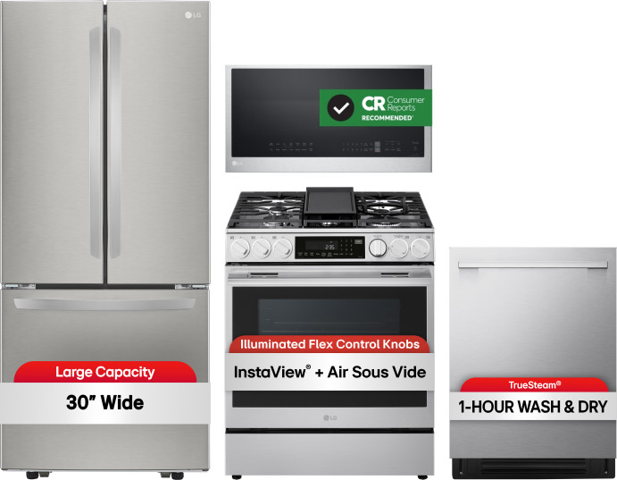 LG 4 Piece Kitchen Appliances Package with French Door Refrigerator, Gas Range, Dishwasher and Over the Range Microwave in Stainless Steel LGRERADWMW2
