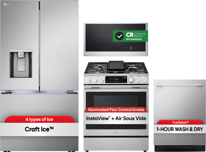 LG 4 Piece Kitchen Appliances Package with French Door Refrigerator, Gas Range, Dishwasher and Over the Range Microwave in Stainless Steel LGRERADWMW2