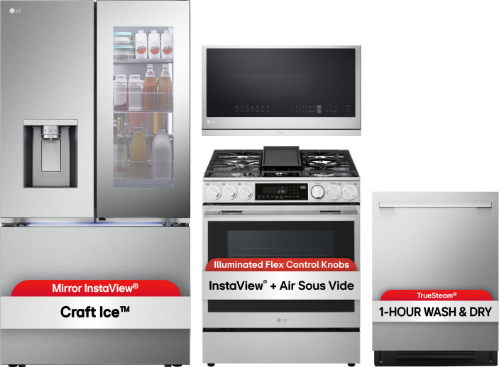 LG 4 Piece Kitchen Appliances Package with French Door Refrigerator, Gas Range, Dishwasher and Over the Range Microwave in Stainless Steel LGRERADWMW2