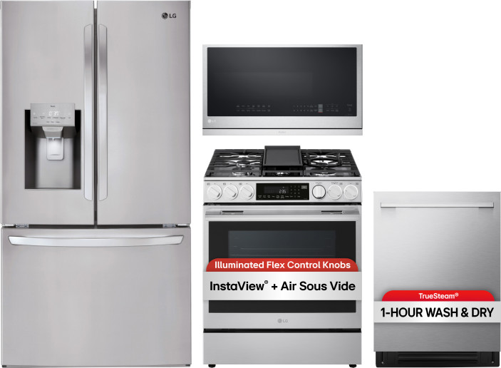 LG 4 Piece Kitchen Appliances Package with French Door Refrigerator, Gas Range, Dishwasher and Over the Range Microwave in Stainless Steel LGRERADWMW2