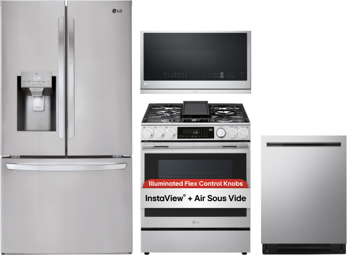 LG 4 Piece Kitchen Appliances Package with French Door Refrigerator, Gas Range, Dishwasher and Over the Range Microwave in Stainless Steel LGRERADWMW2