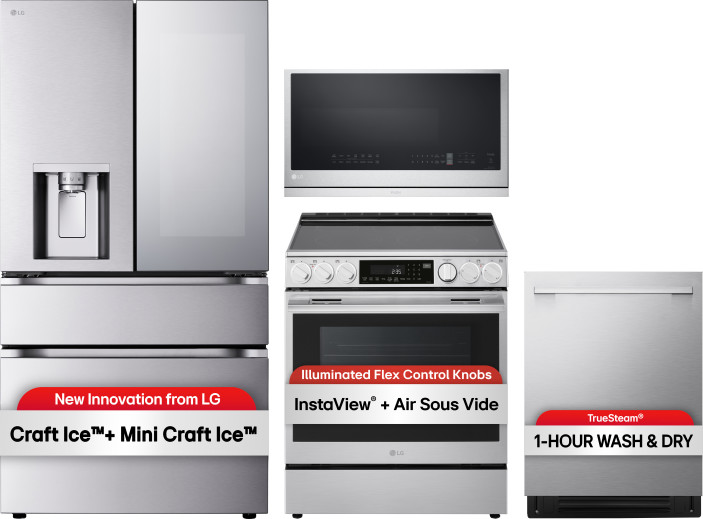 LG 4 Piece Kitchen Appliances Package with French Door Refrigerator, Electric Range, Dishwasher and Over the Range Microwave in Stainless Steel LGRERA