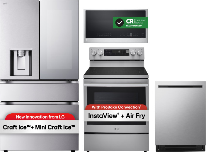 LG 4 Piece Kitchen Appliances Package with French Door Refrigerator, Electric Range, Dishwasher and Over the Range Microwave in Stainless Steel LGRERA