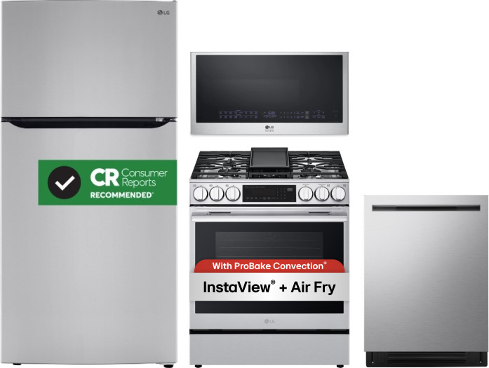 LG 4 Piece Kitchen Appliances Package with Top Freezer Refrigerator, Gas Range, Dishwasher and Over the Range Microwave in Stainless Steel LGRERADWMW2