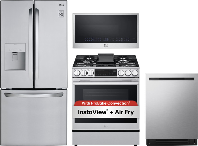 LG 4 Piece Kitchen Appliances Package with French Door Refrigerator, Gas Range, Dishwasher and Over the Range Microwave in Stainless Steel LGRERADWMW2