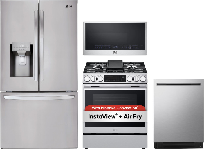 LG 4 Piece Kitchen Appliances Package with French Door Refrigerator, Gas Range, Dishwasher and Over the Range Microwave in Stainless Steel LGRERADWMW2
