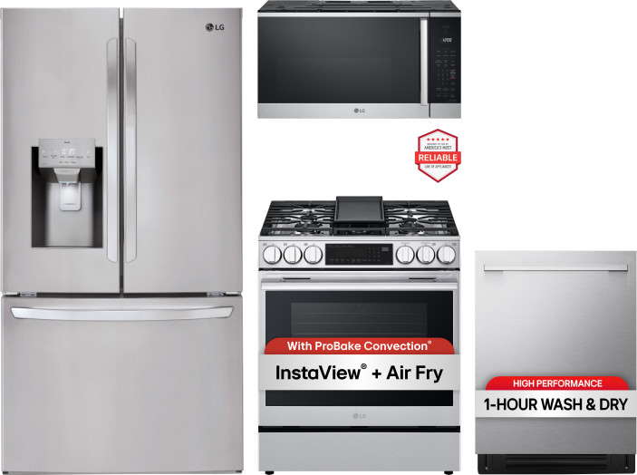 LG 4 Piece Kitchen Appliances Package with French Door Refrigerator, Gas Range, Dishwasher and Over the Range Microwave in Stainless Steel LGRERADWMW2
