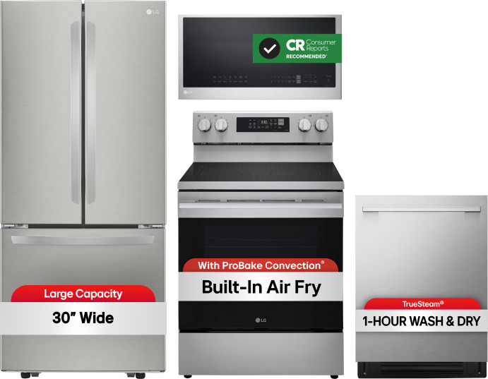 LG 4 Piece Kitchen Appliances Package with French Door Refrigerator, Electric Range, Dishwasher and Over the Range Microwave in Stainless Steel LGRERA