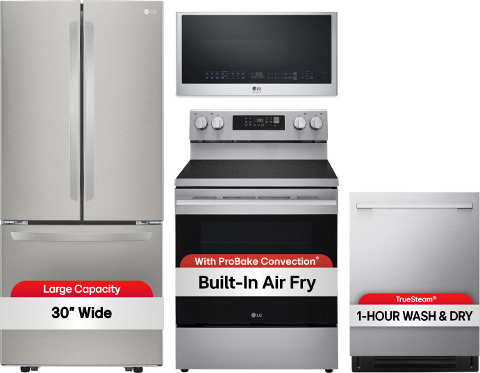 LG 4 Piece Kitchen Appliances Package with French Door Refrigerator, Electric Range, Dishwasher and Over the Range Microwave in Stainless Steel LGRERA