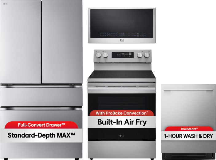 LG 4 Piece Kitchen Appliances Package with French Door Refrigerator, Electric Range, Dishwasher and Over the Range Microwave in Stainless Steel LGRERA
