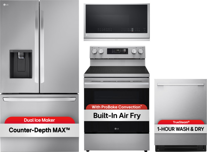 LG 4 Piece Kitchen Appliances Package with French Door Refrigerator, Electric Range, Dishwasher and Over the Range Microwave in Stainless Steel LGRERA