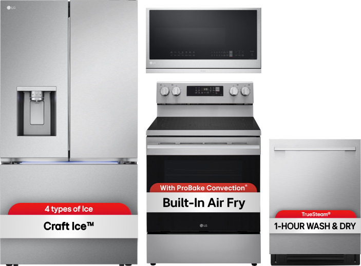 LG 4 Piece Kitchen Appliances Package with French Door Refrigerator, Electric Range, Dishwasher and Over the Range Microwave in Stainless Steel LGRERA