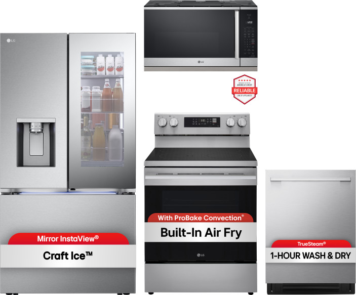 LG 4 Piece Kitchen Appliances Package with French Door Refrigerator, Electric Range, Dishwasher and Over the Range Microwave in Stainless Steel LGRERA