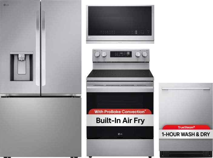 LG 4 Piece Kitchen Appliances Package with French Door Refrigerator, Electric Range, Dishwasher and Over the Range Microwave in Stainless Steel LGRERA