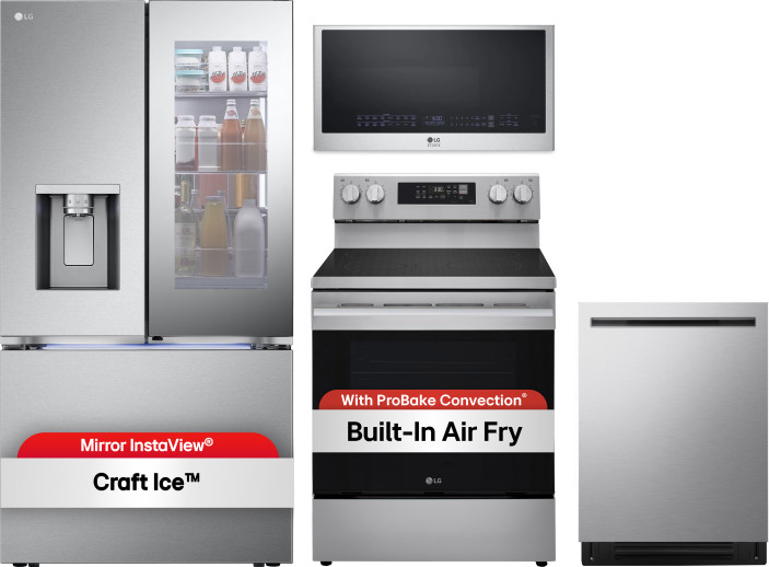 LG 4 Piece Kitchen Appliances Package with French Door Refrigerator, Electric Range, Dishwasher and Over the Range Microwave in Stainless Steel LGRERA