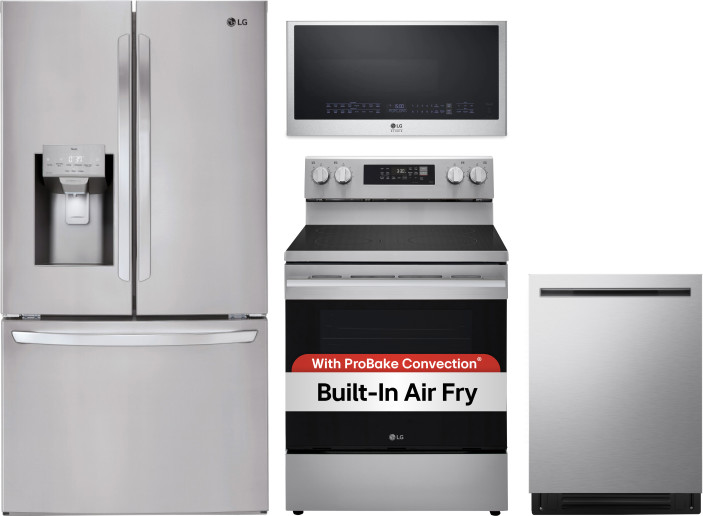 LG 4 Piece Kitchen Appliances Package with French Door Refrigerator, Electric Range, Dishwasher and Over the Range Microwave in Stainless Steel LGRERA
