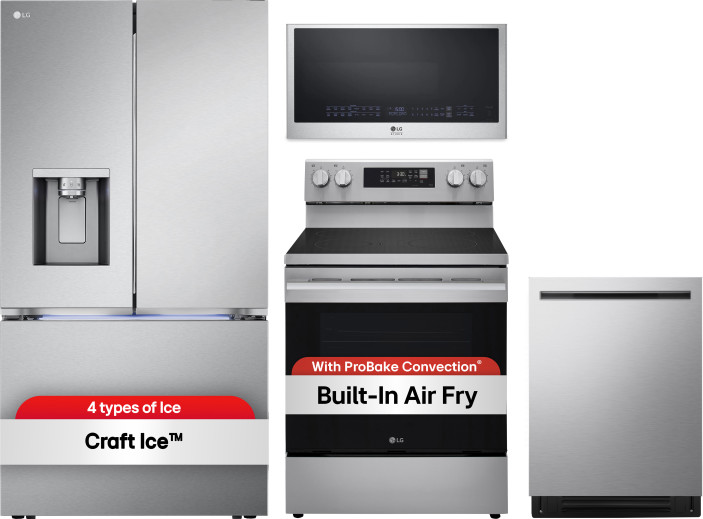 LG 4 Piece Kitchen Appliances Package with French Door Refrigerator, Electric Range, Dishwasher and Over the Range Microwave in Stainless Steel LGRERA