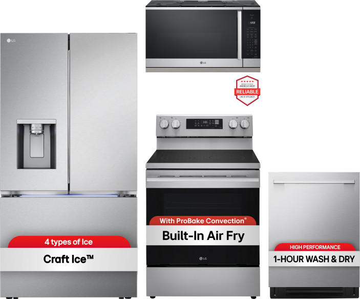 LG 4 Piece Kitchen Appliances Package with French Door Refrigerator, Electric Range, Dishwasher and Over the Range Microwave in Stainless Steel LGRERA